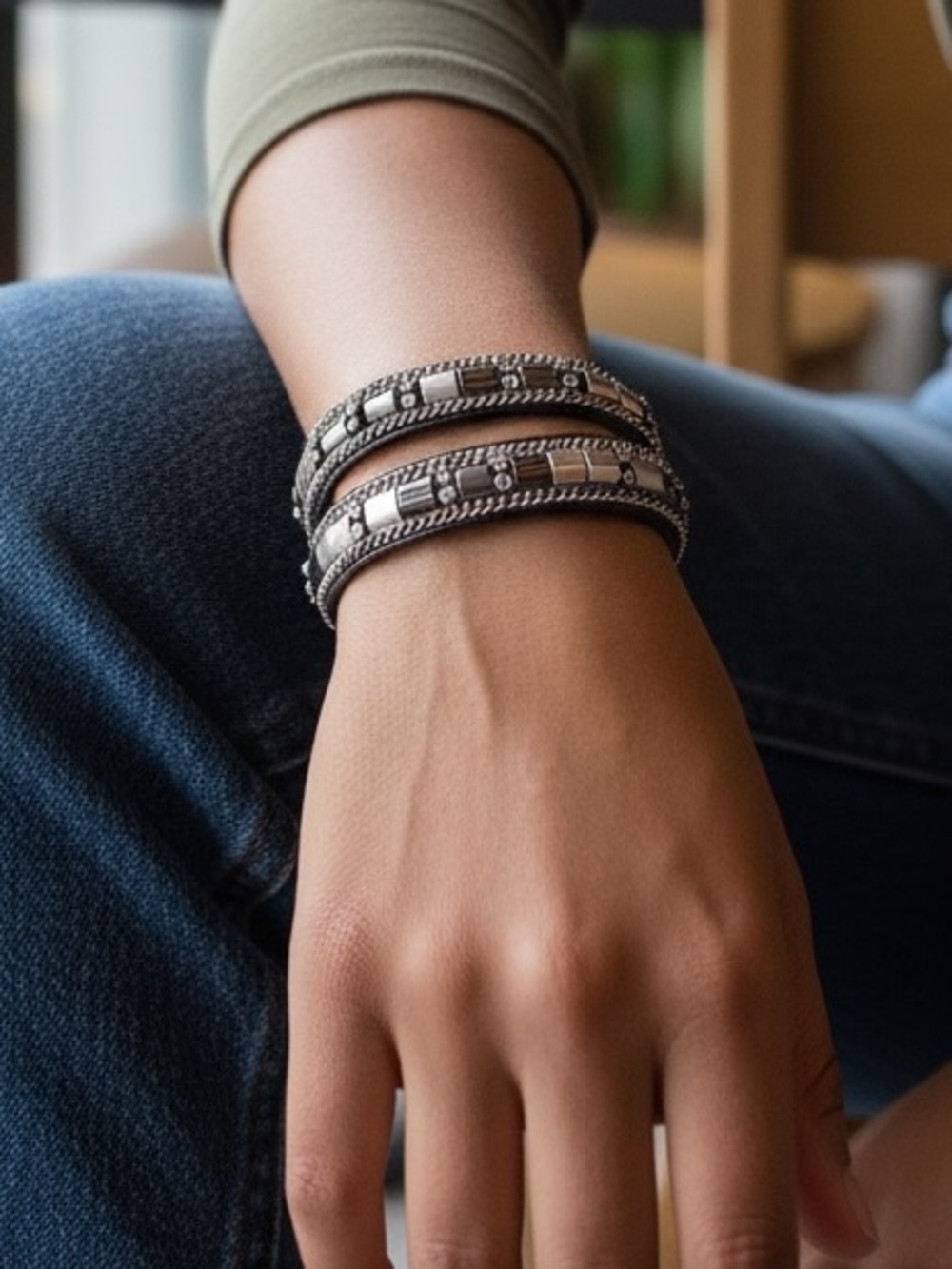 Stella & Dot “Cady” Leather Wrapped Black and Silver Bracelet